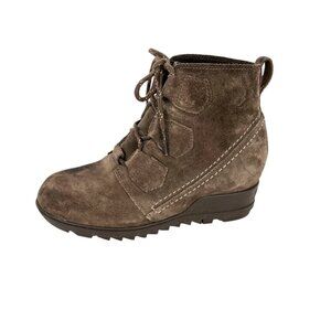 Sorel Evie Lace-Up Wedge Booties Suede Gray Size 7